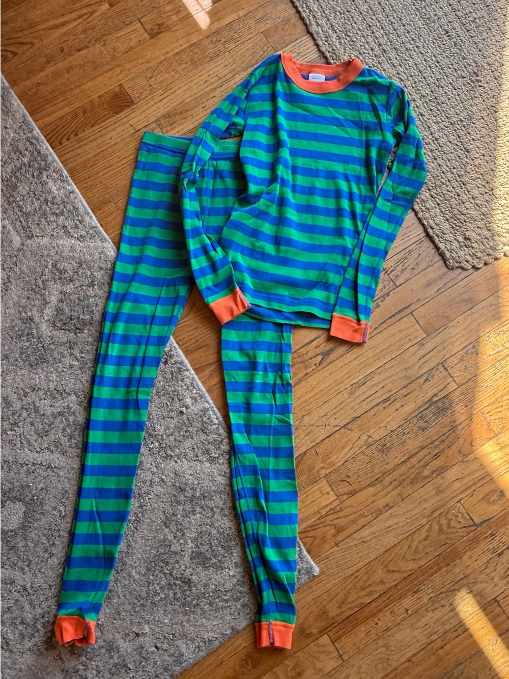 Hanna Anderson Boys Striped Green & Blue Kids Pajama Set with Orange Trim Sz:14